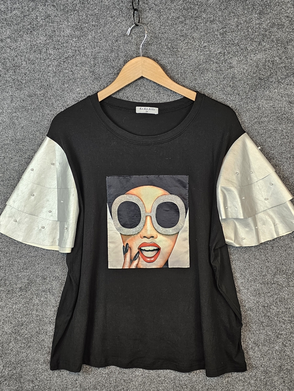 KO.KO. AILIS Bling Graphic Tee • Metallic Silver Ruffle Sleeves • Plus Size